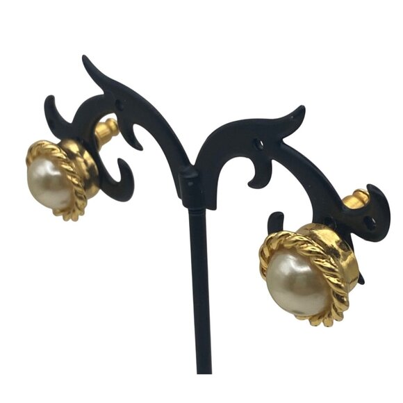 KJL Kenneth J Lane Gold Tone Faux Pearl Stud Earrings Rope Twist Domed Vintage - Picture 11 of 11